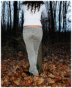 sexy girl tied to a tree pisses herself wetting desperation pissing jeans 05