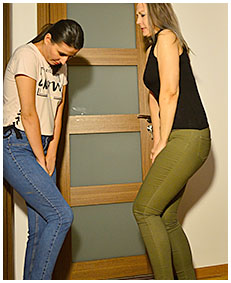 two ladies piss their jeans in front of the locked door wetting themselves 4
